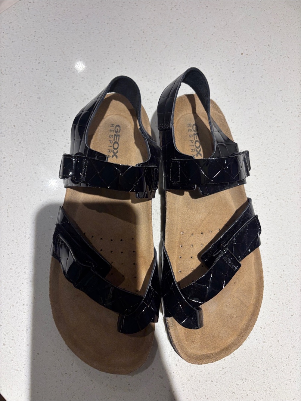 Geox Black Patent Croc-Texture Velcro Sandals